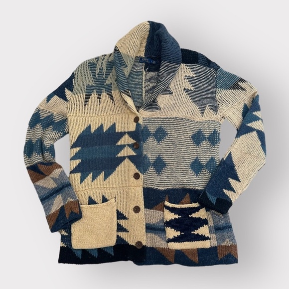 Vintage Polo Ralph Lauren Cotton Southwestern Aztec Cardigan Sweater - Picture 2 of 6